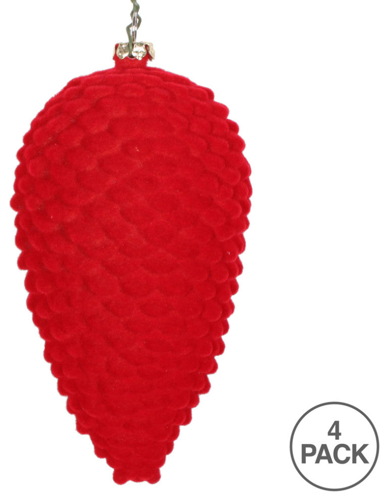Vickerman Mt195603D 5" Red Flocked Pinecone Christmas Ornament, Set of 4