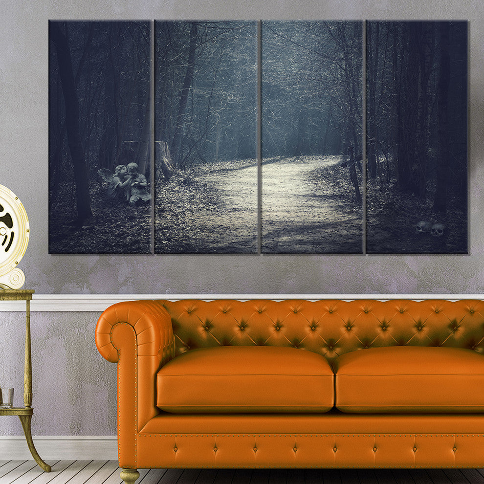Dark Forest With Empty Road, Forest Canvas Art Print, 48"x28", 4 Panels