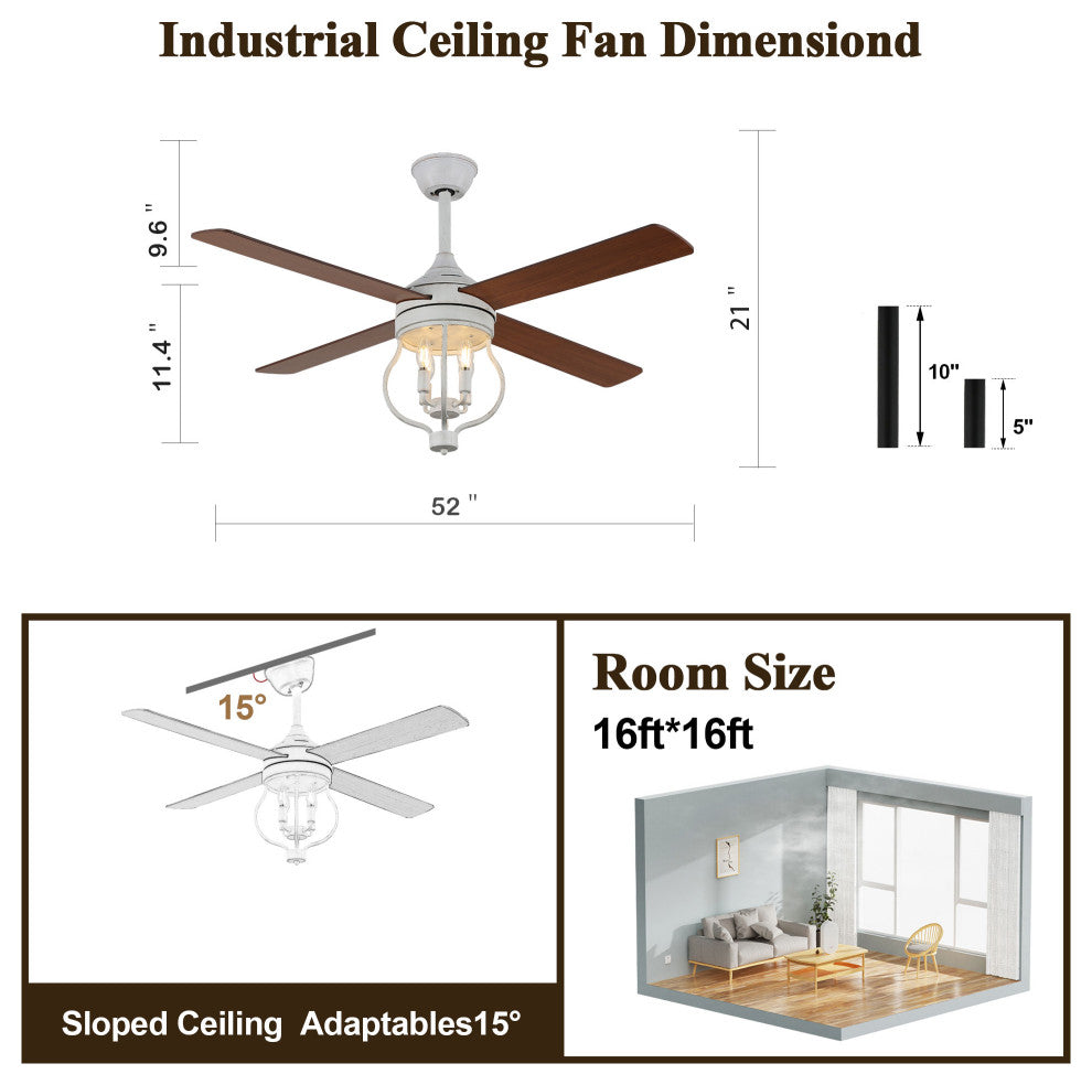 52" Rustic Black Reversible Wood Ceiling Fan with Light and Remote Control