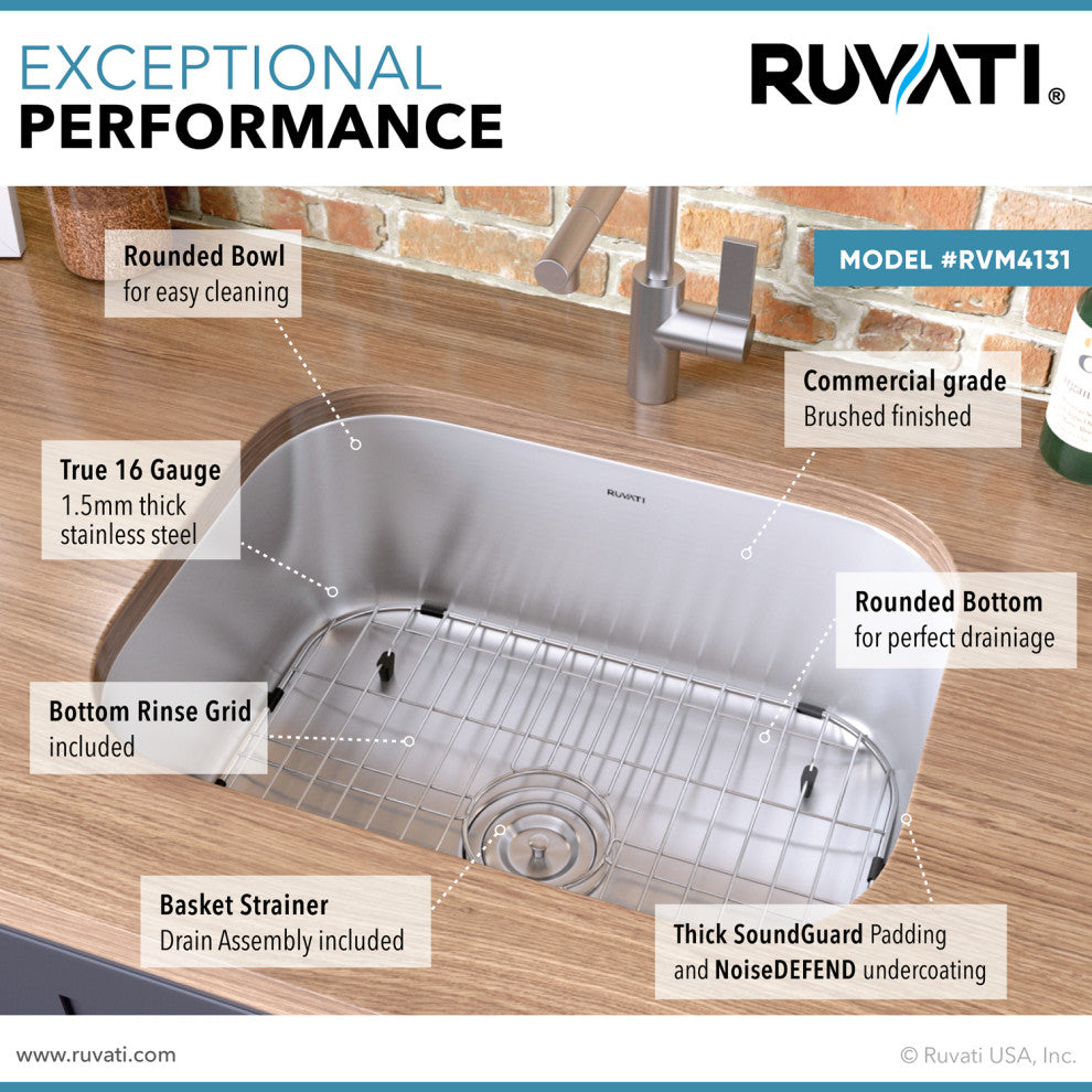 Ruvati RVM4131 21" Undermount 16 Gauge Stainless Steel Kitchen Sink