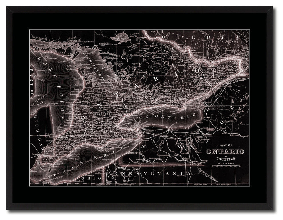 Ontario, Canada Vivid Sepia Map Print On Canvas With Black Frame, 28" X 37"