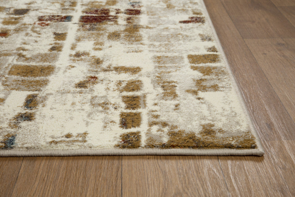 3"x5" Brown Beige Abstract Tiles Distressed Area Rug