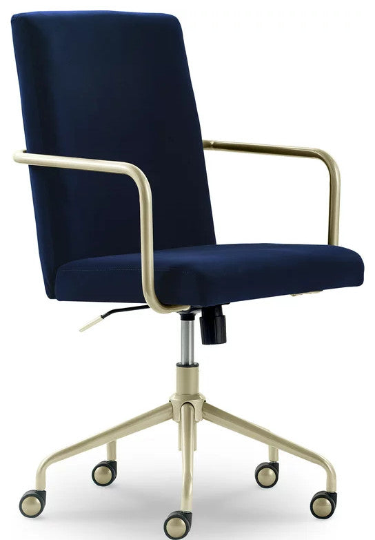 Midcentury Modern Office Chair, Gold Metal Base With Soft Velvet Seat, Navy Blue