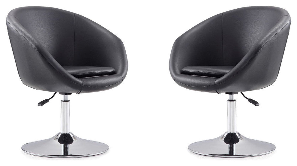 Set of 2 Accent Chair, Adjustable Cushioned Seat & Curved Back, Black Pu Leather
