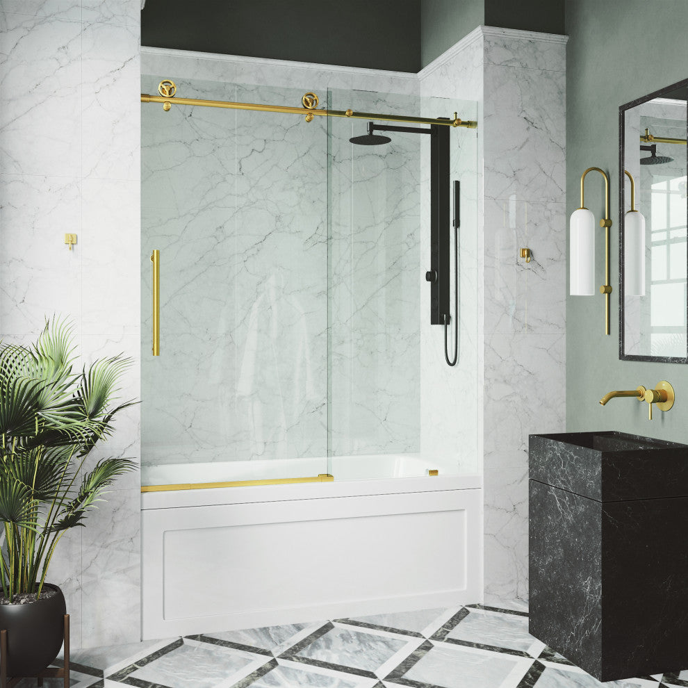 VIGO Elan Cass Aerodynamic 56" to 60" W x 66" H Frameless Sliding Tub Door, Matte Brushed Gold, Clear Glass