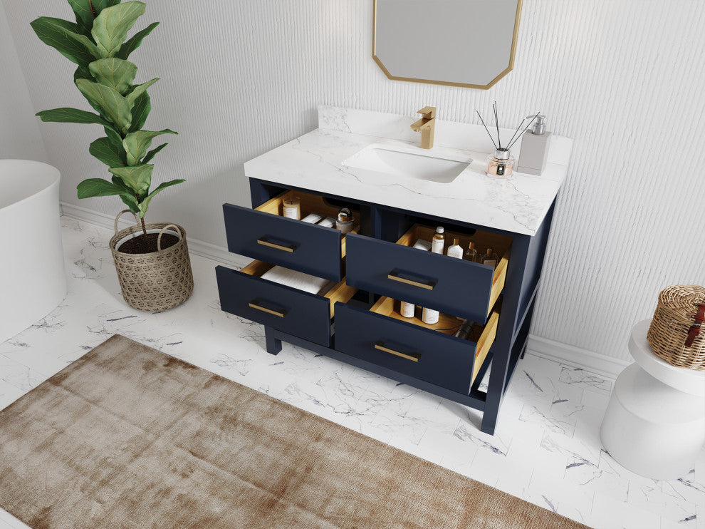 Parker 42 Single Sink Bath Vanity in Navy Blue  2" White Quartz