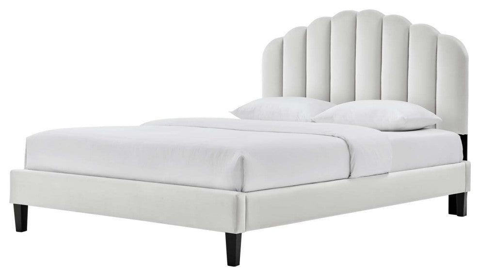 Platform Bed Frame, King Size, Gray, Velvet, Modern, Bedroom Guest Suite