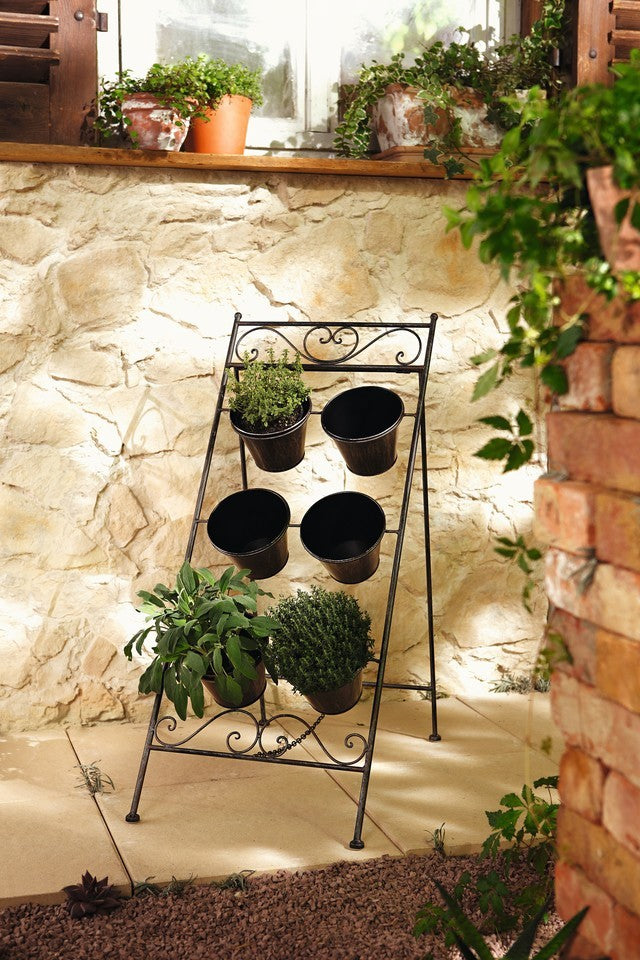 35" Tall Foldable Metal Planter Stand "Povencal" With 6 Metal Pots