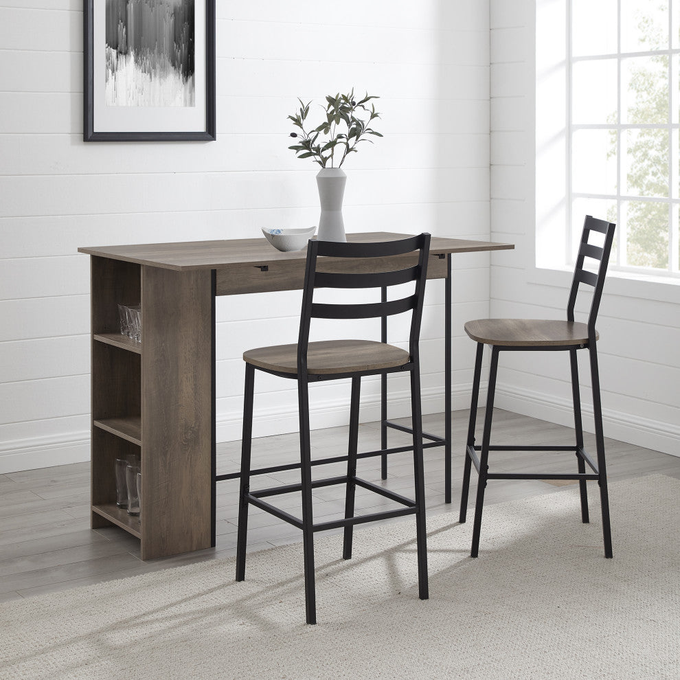 3 Piece Drop Leaf Counter Table Set, Gray Wash
