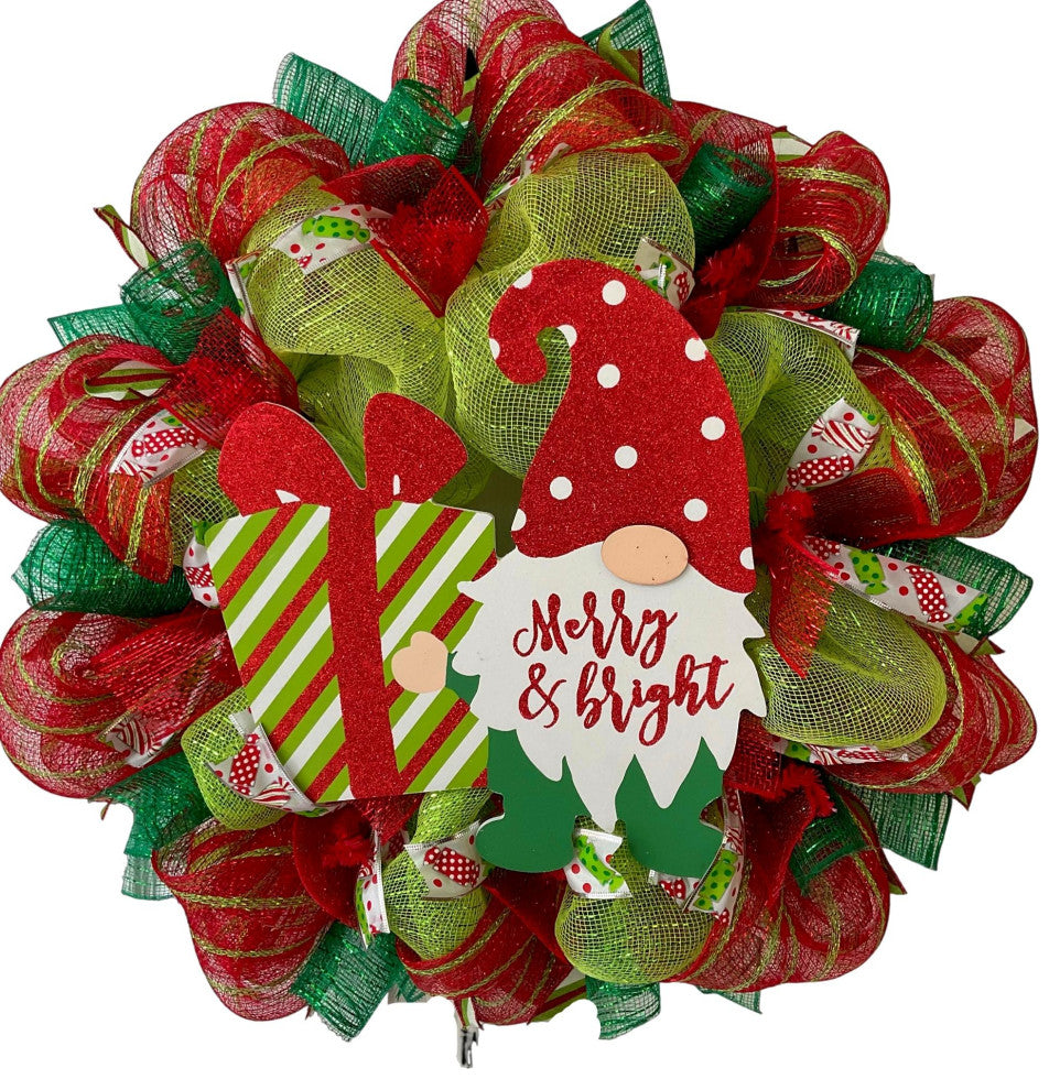 Merry and Bright Christmas Gnome Handmade Deco Mesh