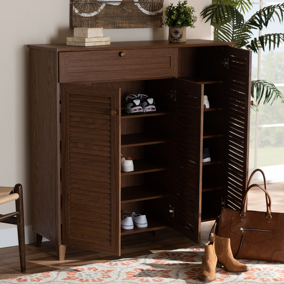 Aretha Walnut 11-Shelf Wood Shoe Storage Cabinet With Drawer