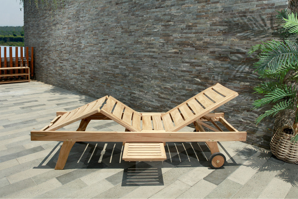 Nordic Style Natural Teak Outdoor Sun Lounger with Adjustable Seat, Side Table