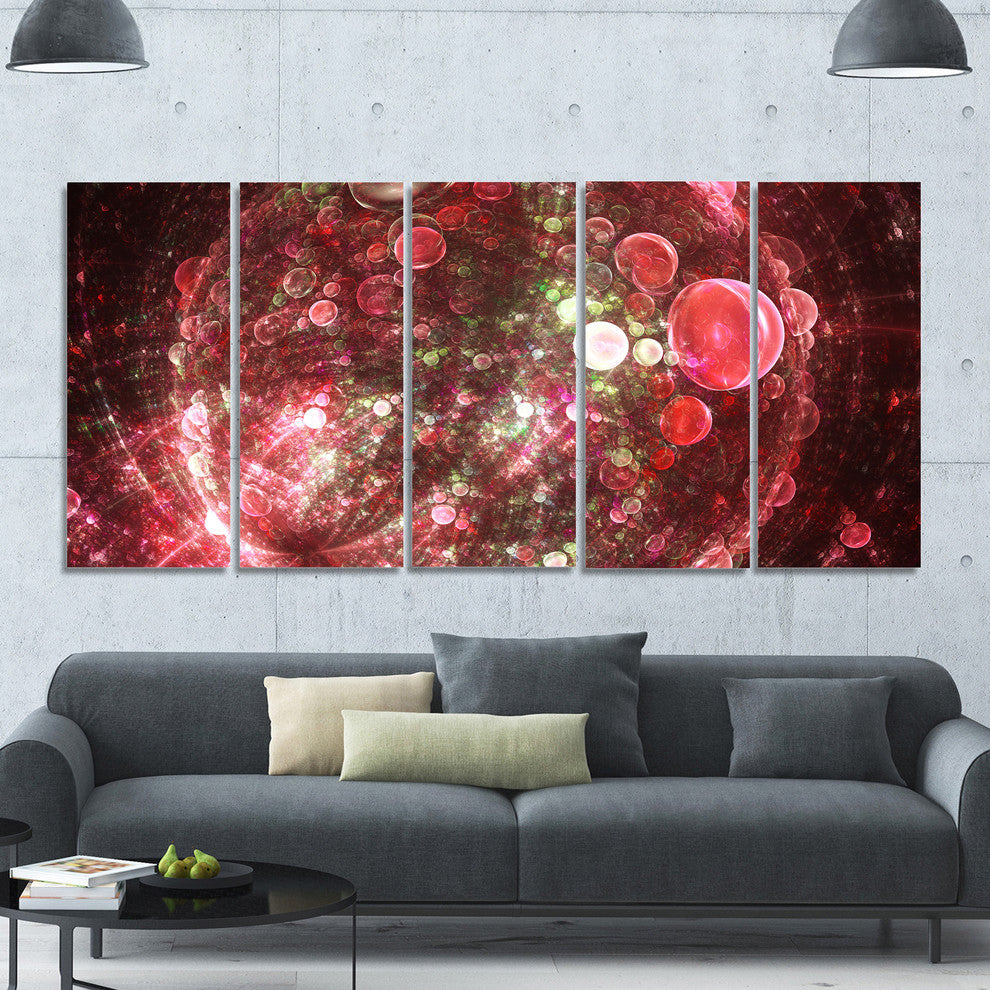 Red Spherical Planet Bubbles, Abstract Canvas Art Print, 60"x28", 5 Panels