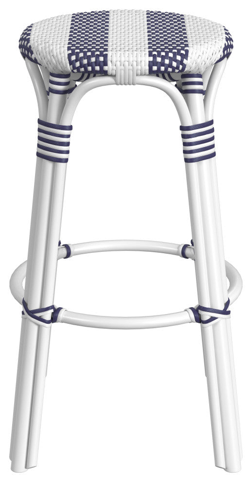 Tobias Round Rattan 30" Bar Stool, White and Navy Stripe
