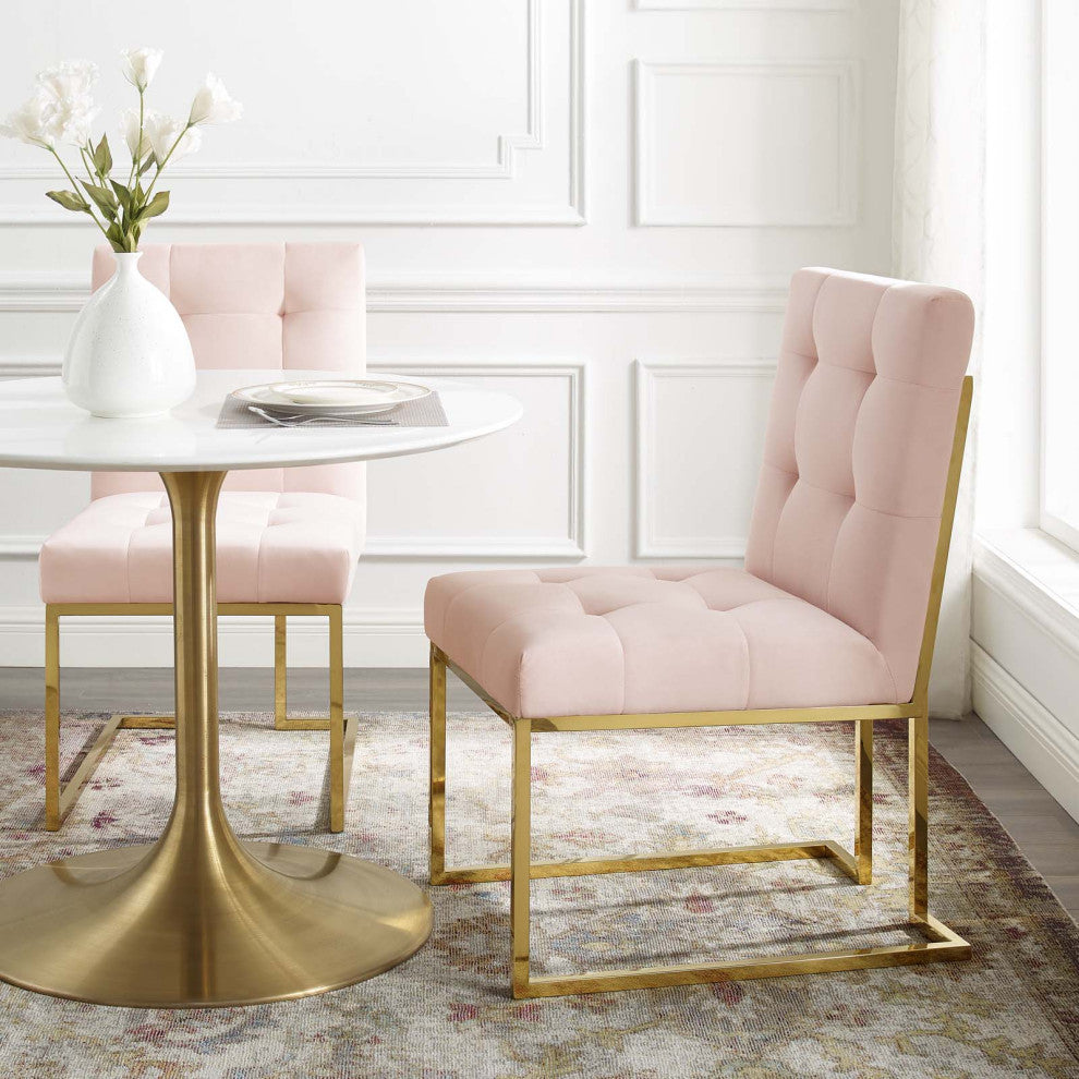 Side Dining Chair, Velvet, Metal, Gold Pink, Modern, Cafe Bistro Restaurant