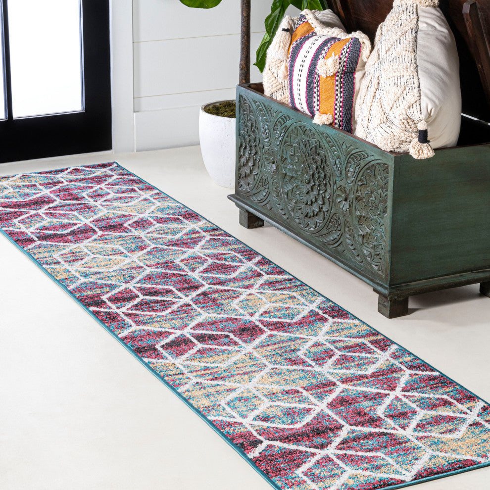 Tumbling Blocks Geometric Multi/White 2'x8' Runner Rug