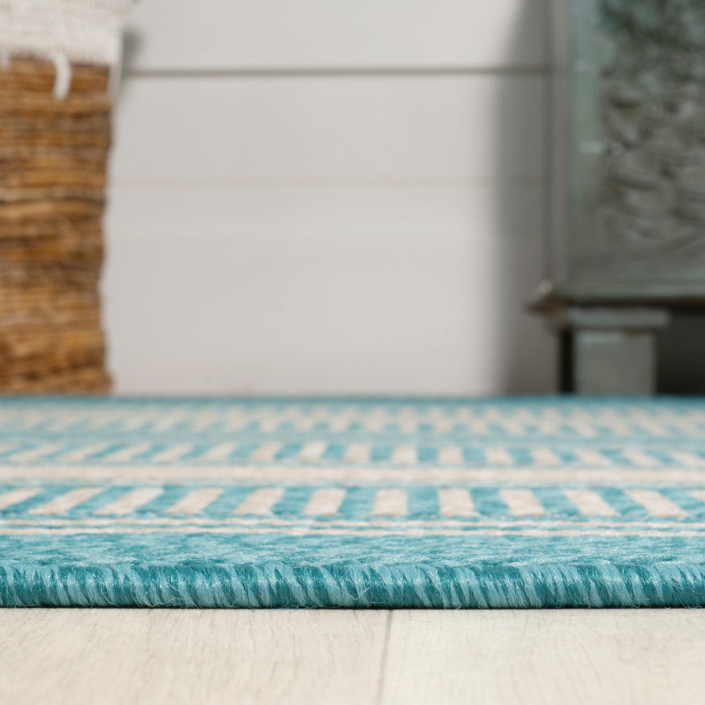 Haynes Modern Double Stripe Indoor/Outdoor Area Rug, Aqua/Beige, 8x10