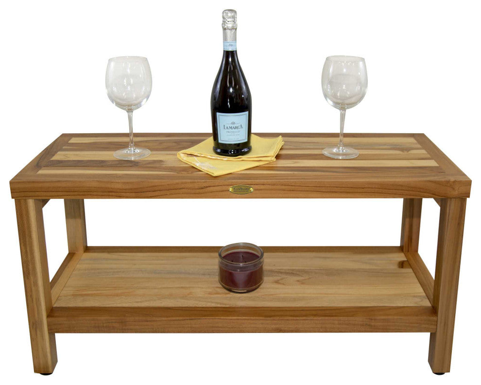 HomeRoots Large Rectangular Teak Bench With Shelf, Natural Finish
