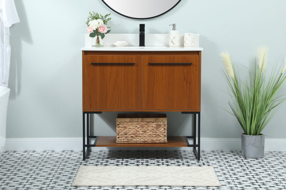 Sue 36" Single Bathroom Vanity, Teak, With Backsplash
