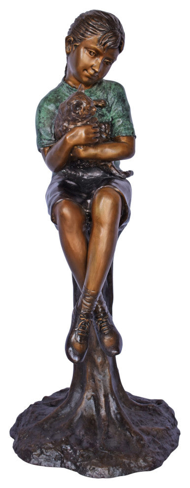 Girl Sitting on A Log With Her Cat Bronze Statue Size: 15"L x 15"W x 35"H.