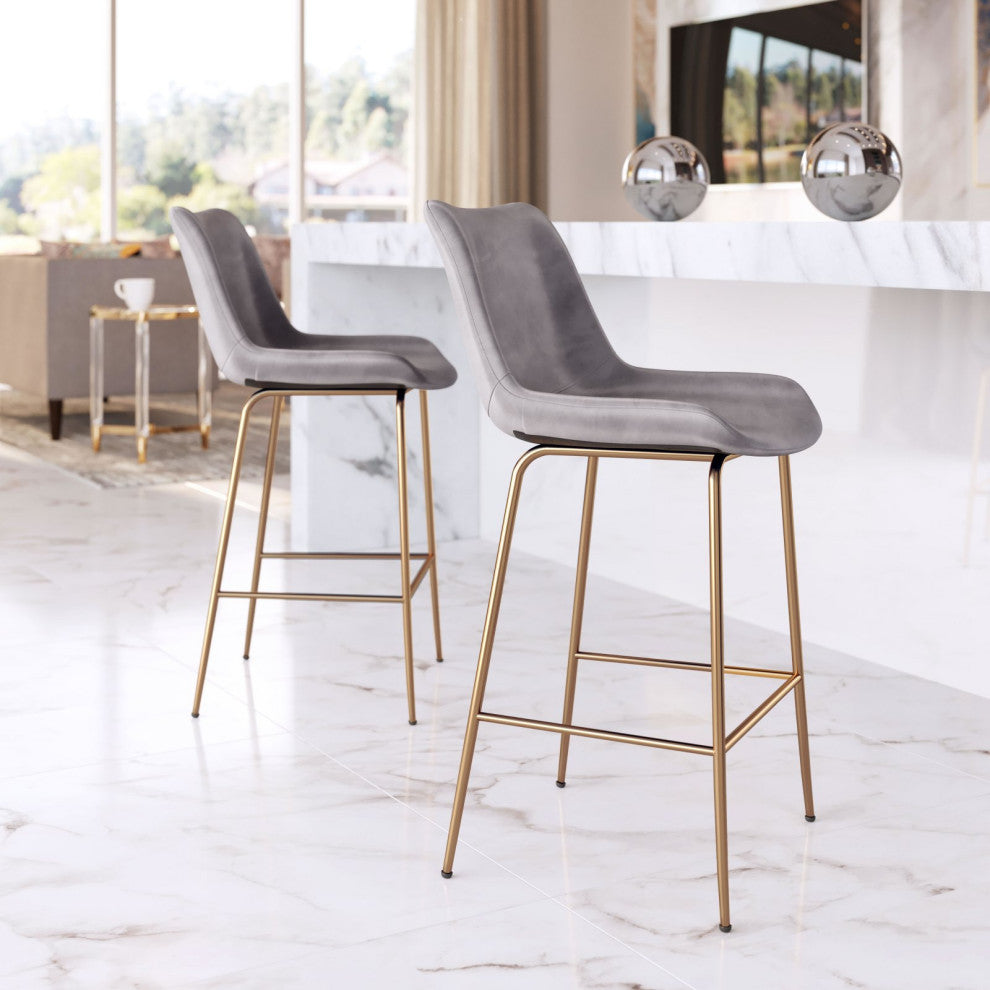 Counter Stool Chair, Steel Metal, Fabric, Gray, Gold, Kitchen Cafe Bistro