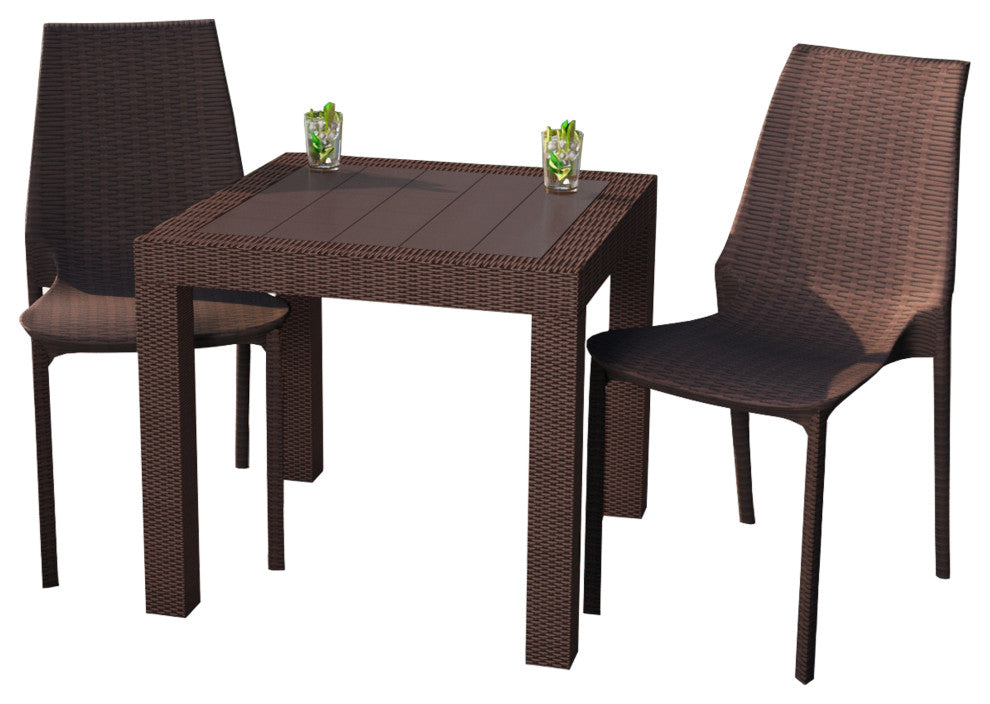 LeisureMod Kent Weave Design 3-Piece Outdoor Patio Dining Set, Brown