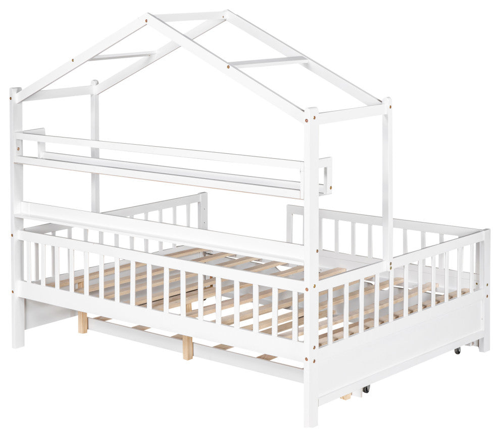 Gewnee Wood Full Size House Bed with Trundle for Kids in White
