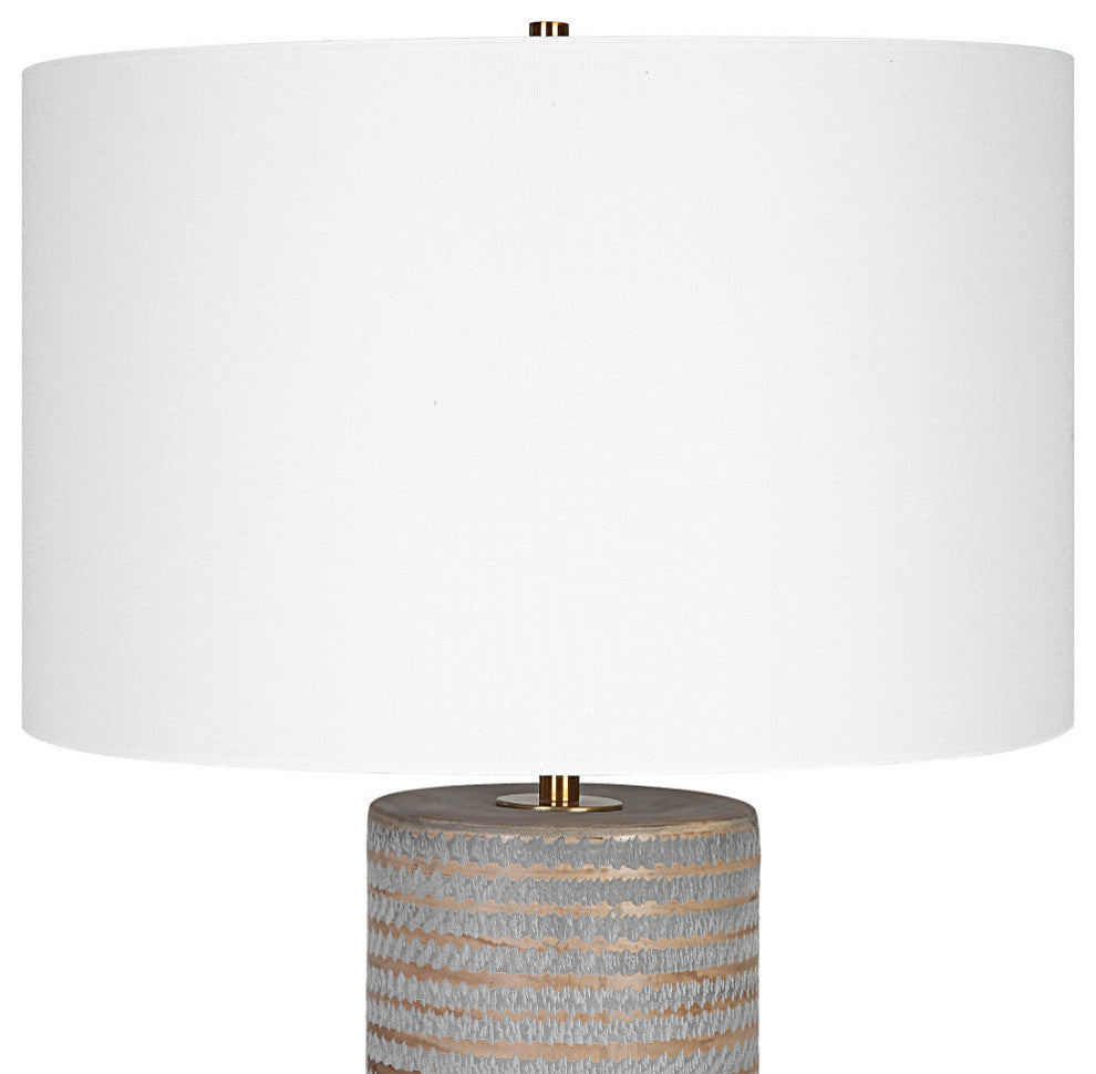 Rustic Chiseled Gray Brown Stripe Cylinder Table Lamp 29in Carved Ceramic Bronze