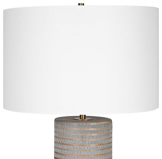 Rustic Chiseled Gray Brown Stripe Cylinder Table Lamp 29in Carved Ceramic Bronze