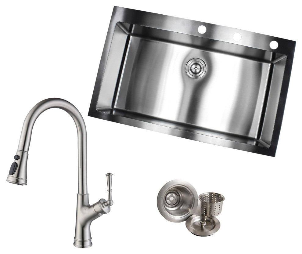 36" Topmount 16 Gauge Single Bowl, Sink With Faucet and Strainer