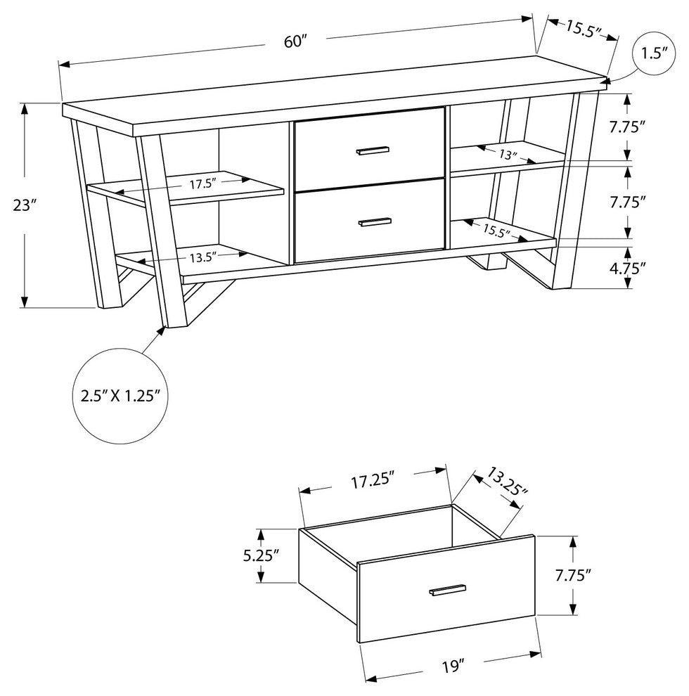 Tv Stand - 60"L / Grey-Black With 2 Storage Drawers