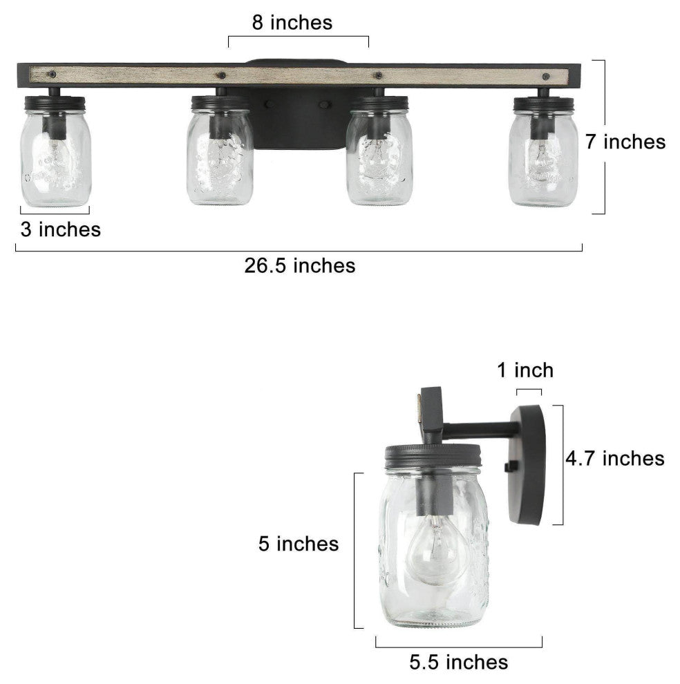 LNC Farmhouse  4-Light Black Bathroom Vanity Light With Mason Jar Glass