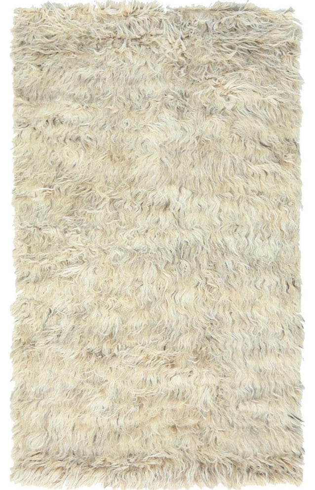Beige, Shaggy Moroccan, Undyed Natural Wool Hand Knotted Rug, 3'1"x5'3"