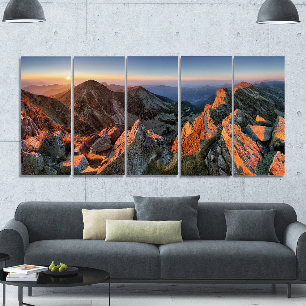 Majestic Sunset in Fall Mountains, Landscape Canvas Art Print, 60"x28", 5 Panels