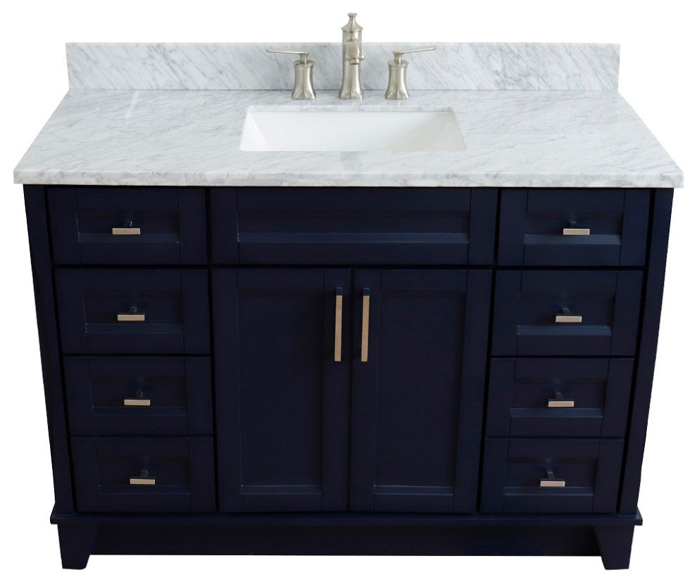 49" Single Sink Vanity, Blue Finish With White Carrara Marble