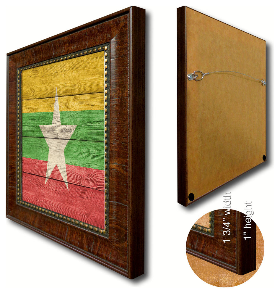 Myanmar Country Textured Flag Print With Brown Gold Frame, 15"X21"