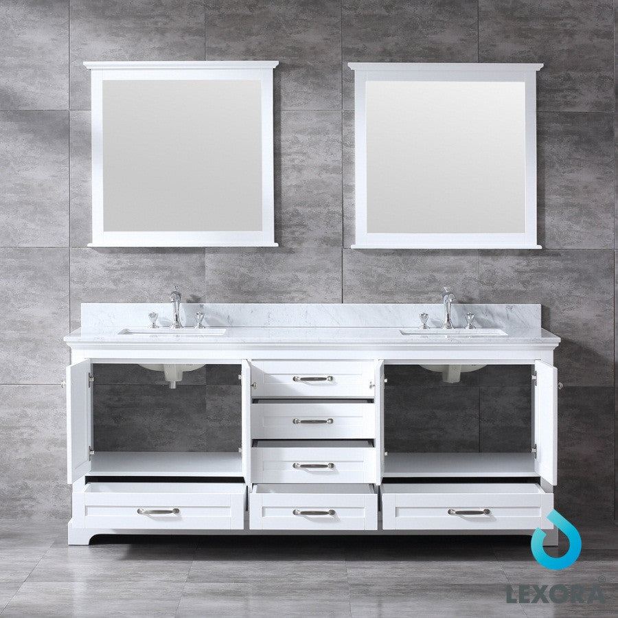 80" White Double Vanity, White Carrara Marble Top, White Sinks and 30" Mirrors
