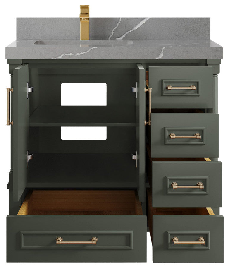 Aberdeen 36 Left Offset Bath Vanity in Pewter Green 2" Piatra Gray