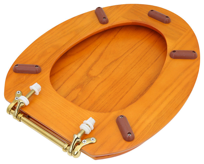 Wooden Elongated Toilet Seat Golden Oak Finish with Brass PVD Hinges Renovators