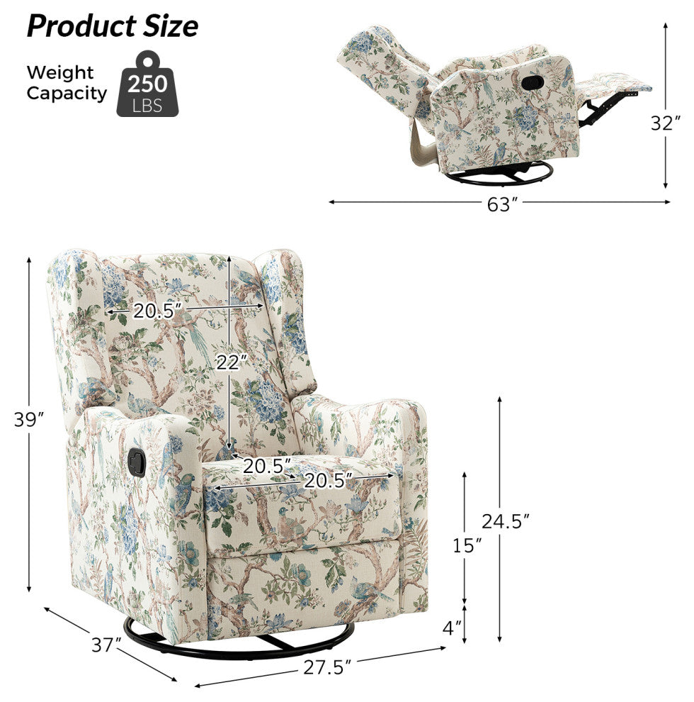 Manual Swivel Glider Recliner, Floral
