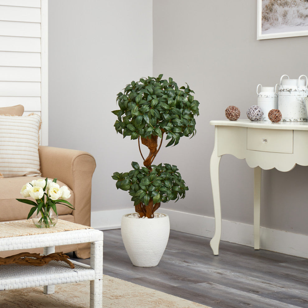 45" Sweet Bay Double Ball Topiary Artificial Tree, White Planter