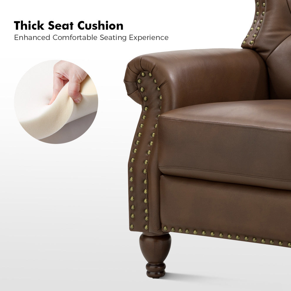 34.5"W Transitional Style Genuine Leather Recliner With Nailhead Trims, Brown