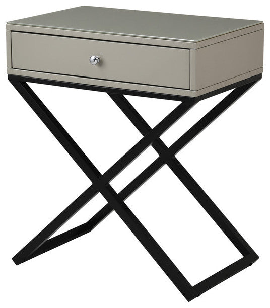 Koda Wooden Side Table Nightstand, Glass Top, Drawer & Metal Base, Taupe
