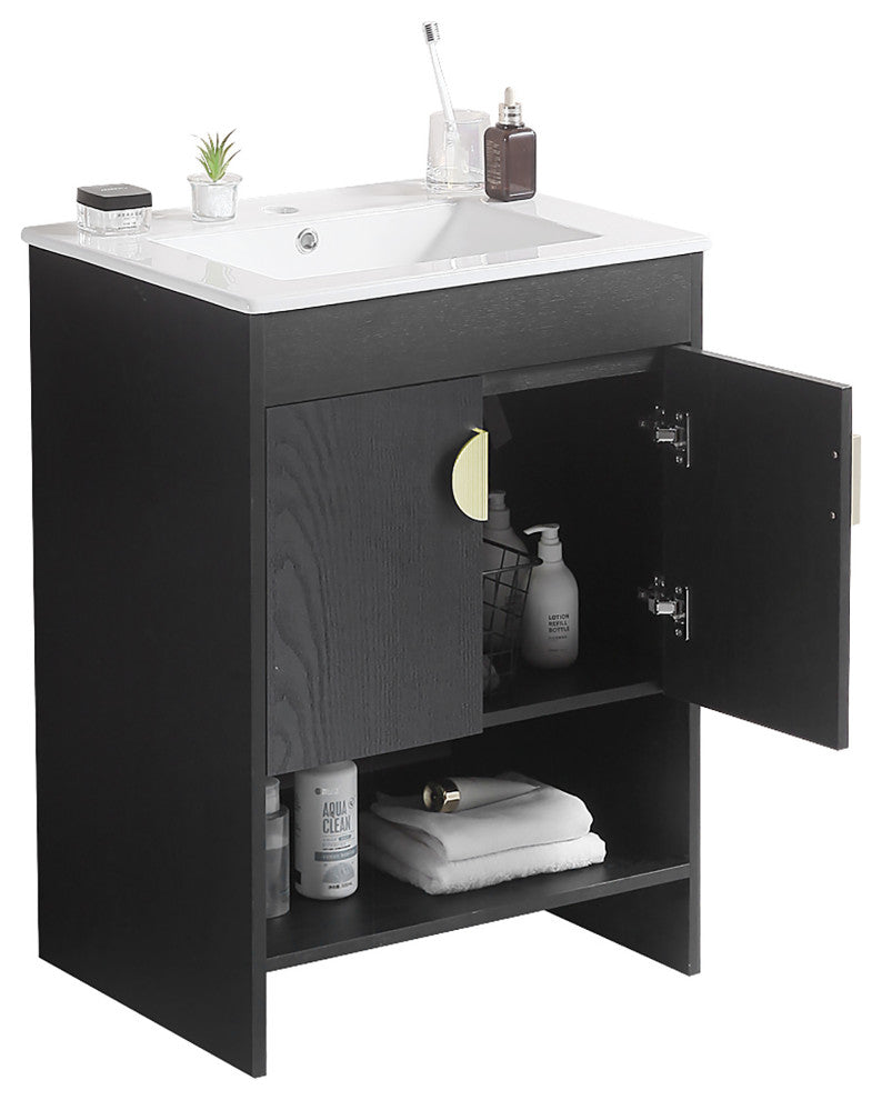 Plywood Freestanding Bath Vanity Set, Integrated Ceramic Sink, Black, 24" X 18"