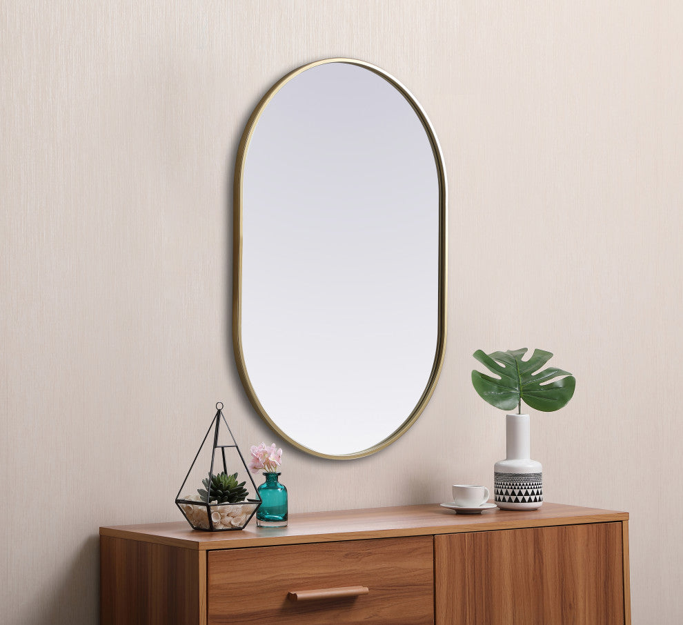 Metal Frame Oval Mirror 24X36 Inch, Brass