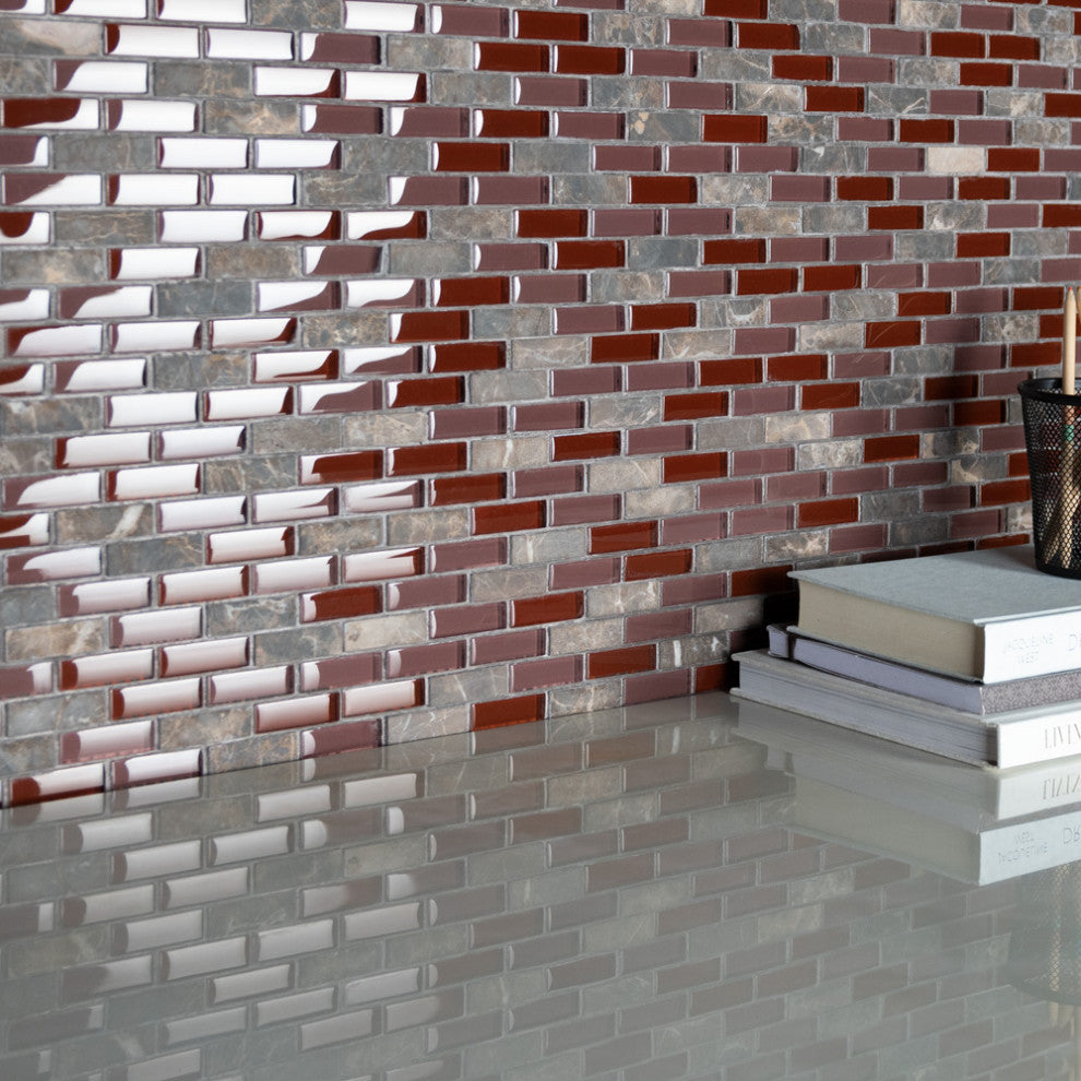 Tessera Glass Subway Wall Tile, Bordeaux