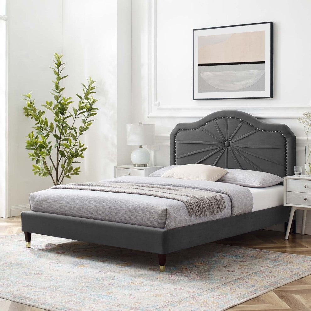 Platform Bed Frame, Queen Size, Velvet, Dark Gray, Modern Contemporary