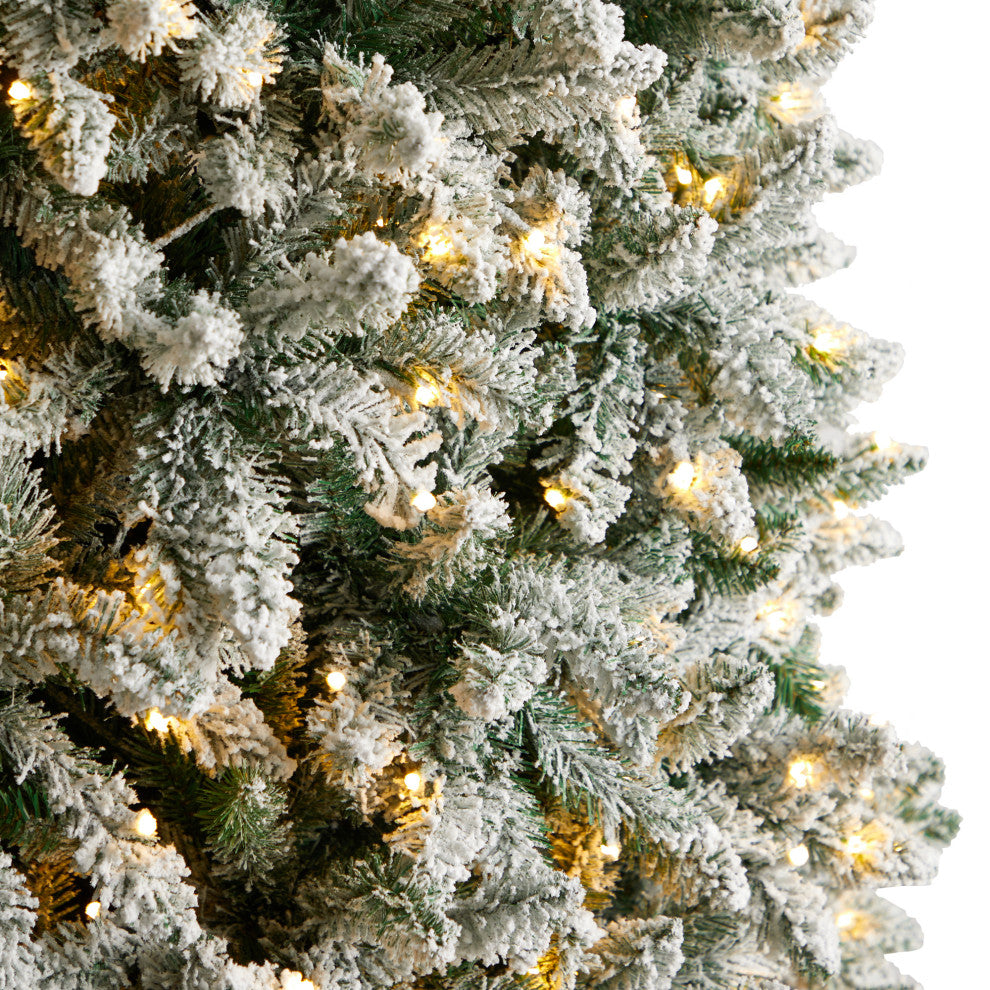 10' Slim Flocked Montreal Fir Artificial Christmas Tree, 800 White LED Lights