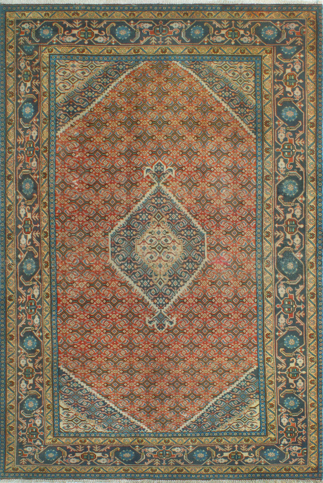 Fine Vintage Distressed Arezoo Rust/Navy Rug, 6'1x9'3