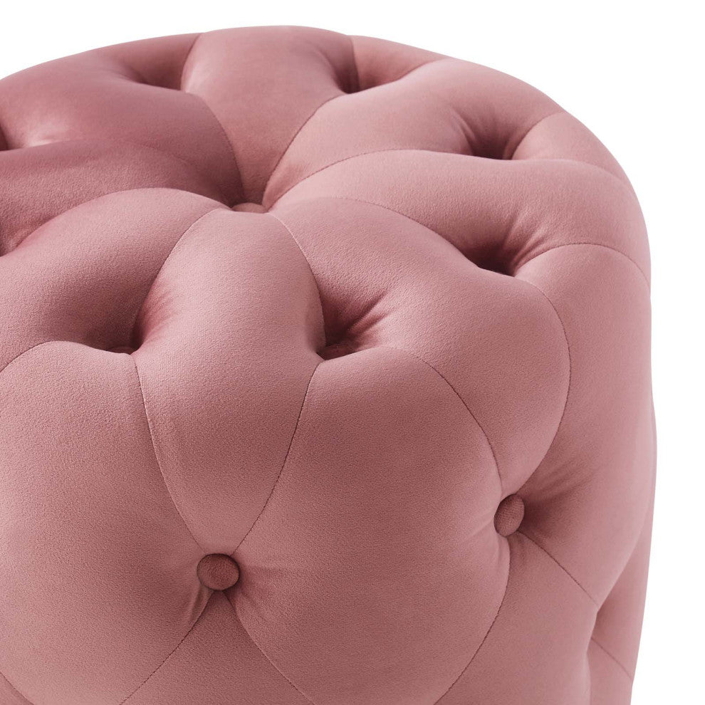Anthem Tufted Button Round Performance Velvet Ottoman Dusty Rose